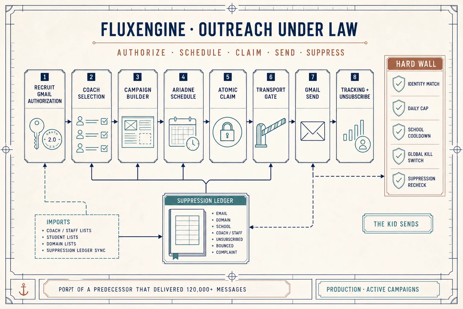 FluxEngine architecture map showing recruit authorization, campaign scheduling, atomic claim, transport gate, Gmail delivery, tracking, suppression, and the hard-wall checks governing every send
