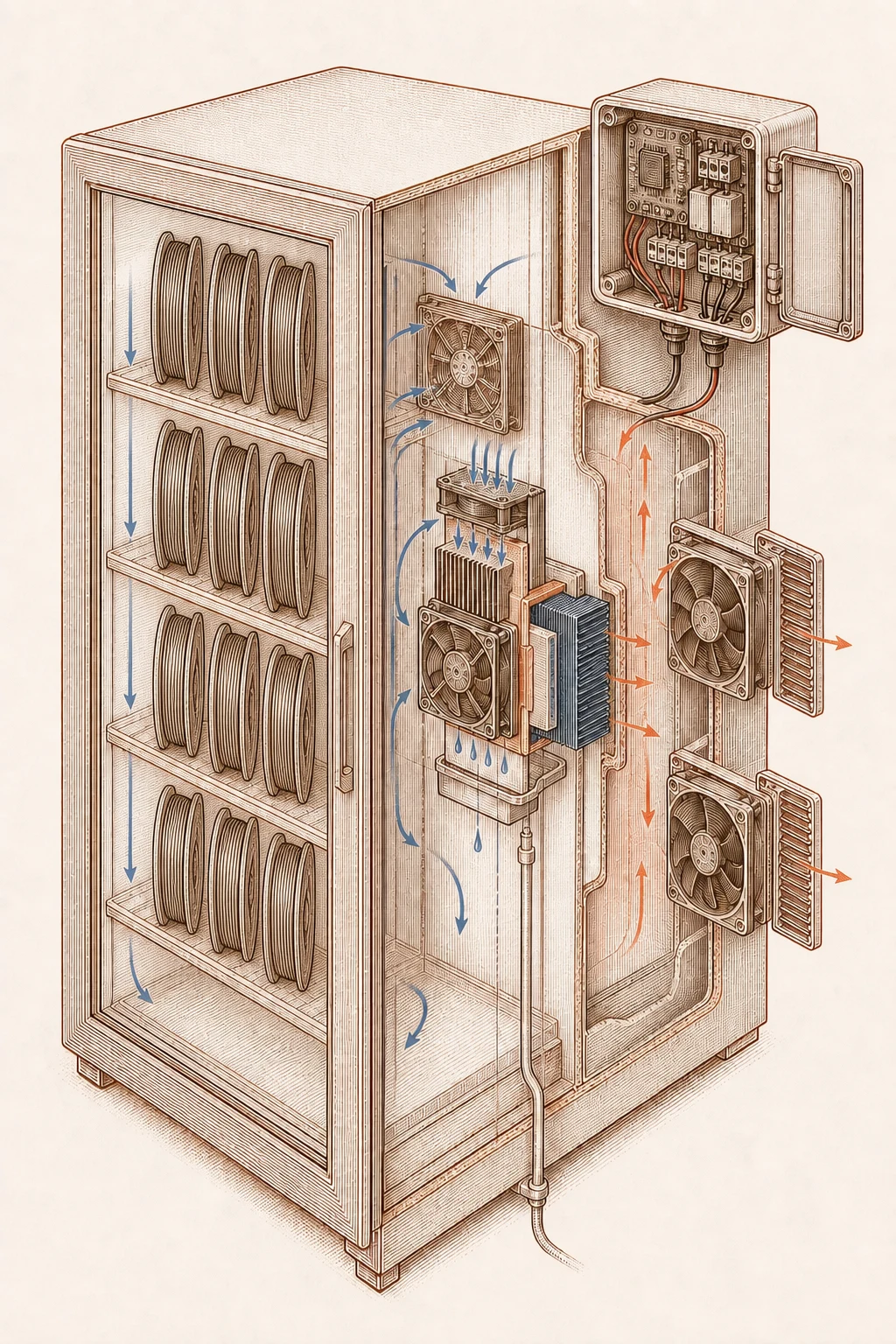 Exploded engineering illustration of the Filament Fridge with filament spools stored upright, separated dry and warm airflow, thermoelectric cartridge, and control enclosure