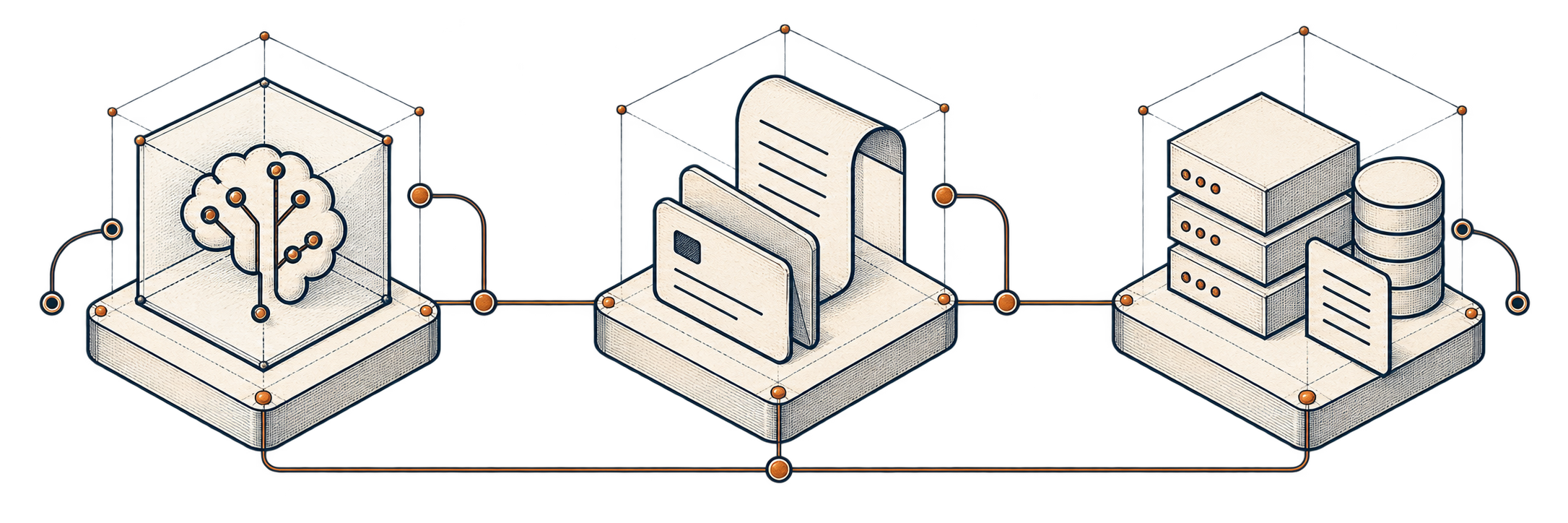 Three connected drafting stations: human judgment and specification, documents under review, and a running system being verified.